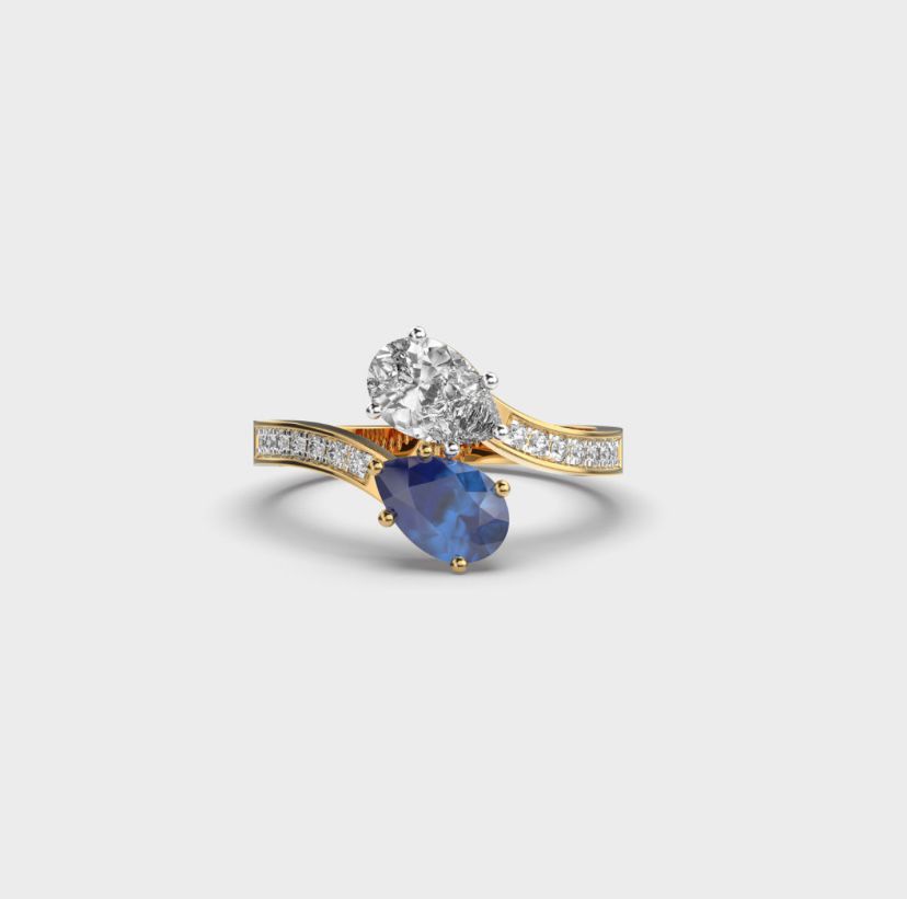Duos Oval Diamond and Blue Stone Ring