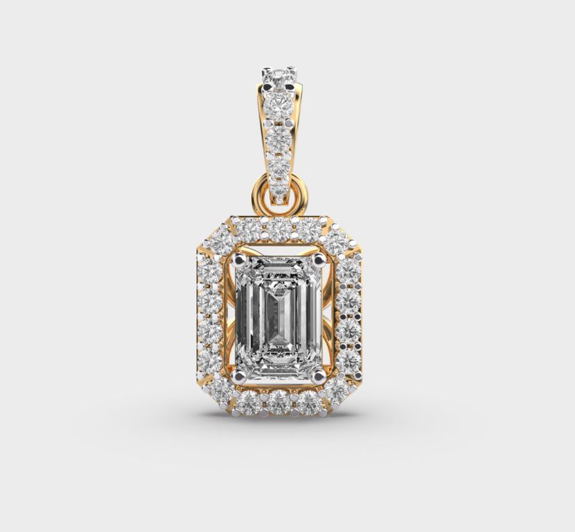 Regal Emerald Cut Halo Diamond Pendant Without Chain