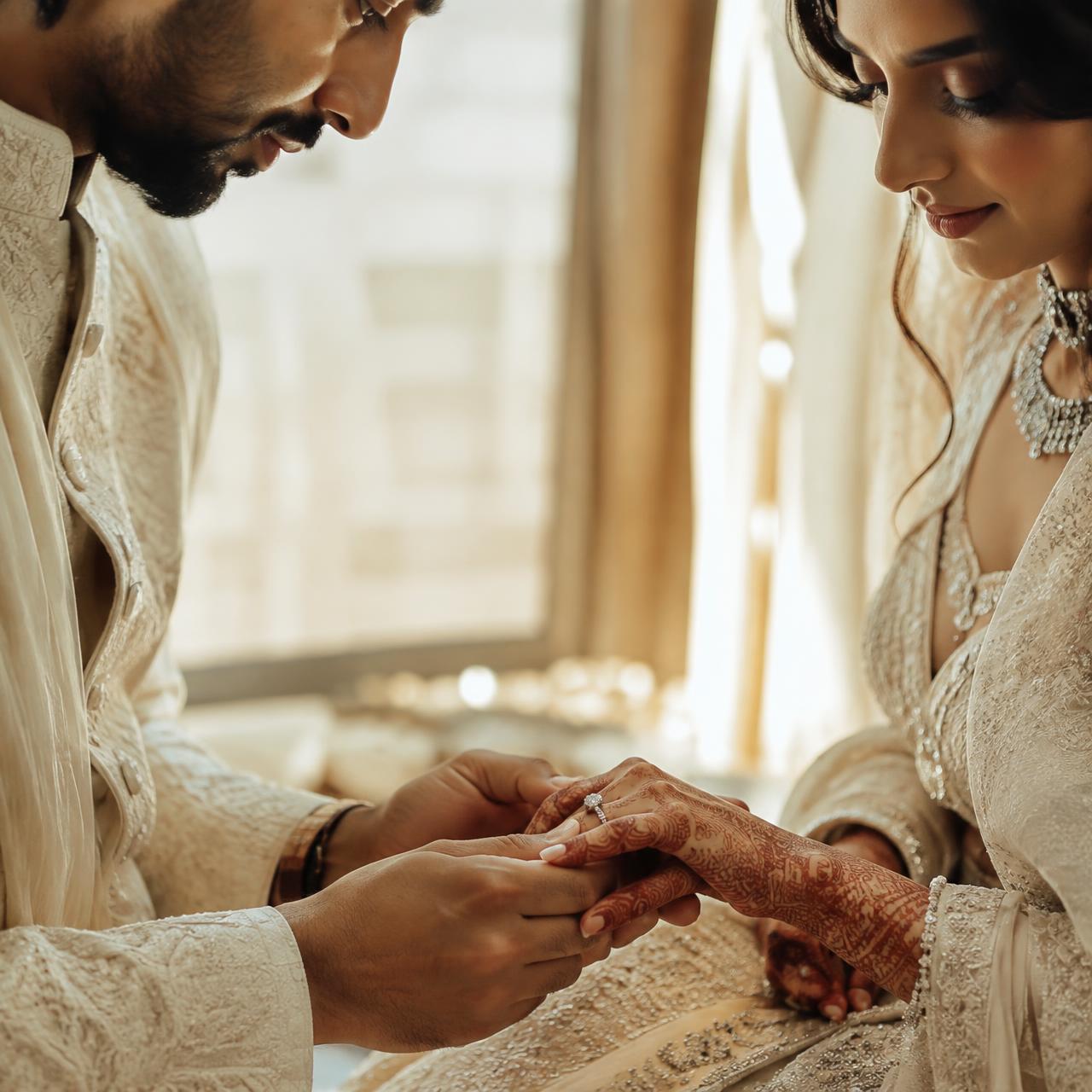 Groom placing a diamond ring on bride's finger