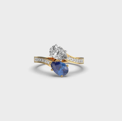 Duos Oval Diamond and Blue Stone Ring