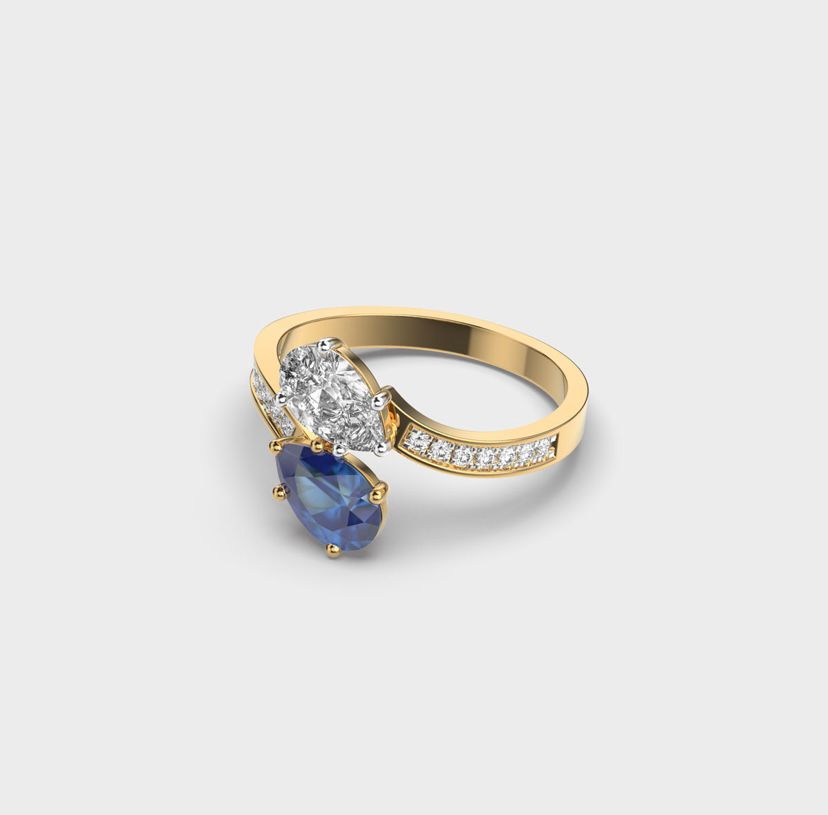Duos Oval Diamond and Blue Stone Ring