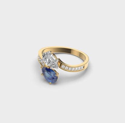 Duos Oval Diamond and Blue Stone Ring