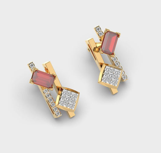 Emerald Cut Red Stone Diamond Earstuds