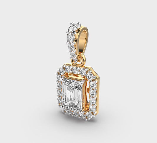 Regal Emerald Cut Halo Diamond Pendant Without Chain