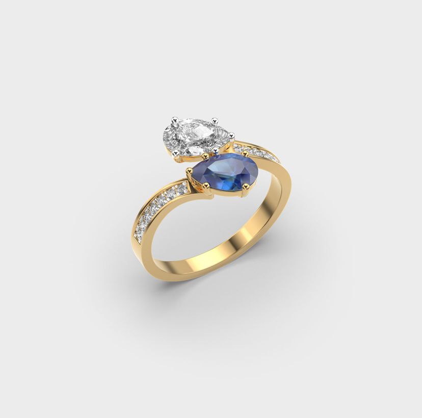 Duos Oval Diamond and Blue Stone Ring
