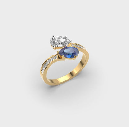 Duos Oval Diamond and Blue Stone Ring