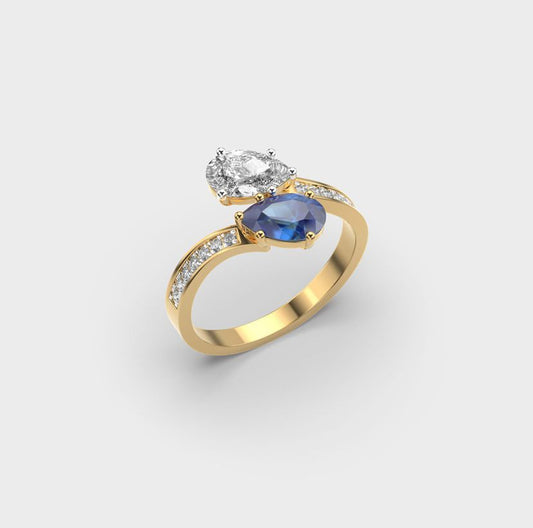 Duos Oval Diamond and Blue Stone Ring