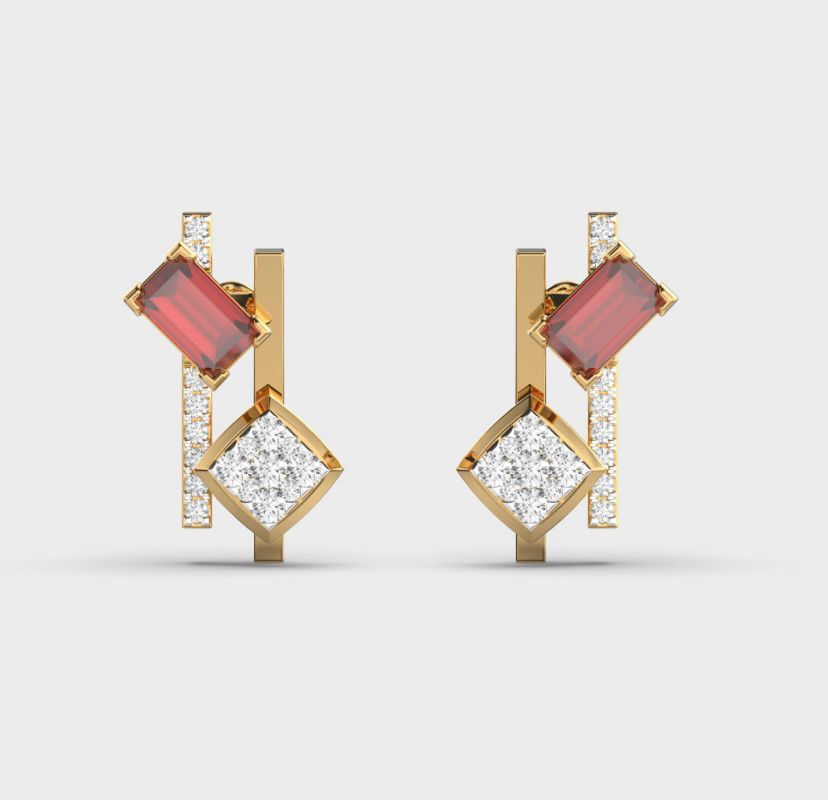 Emerald Cut Red Stone Diamond Earstuds