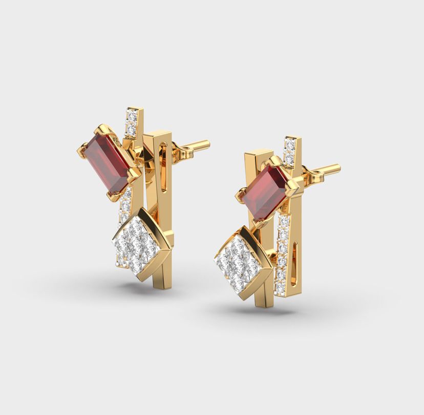 Emerald Cut Red Stone Diamond Earstuds